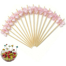 (Pink Bow, 100pcs) 100 ks bambusových špízov na jedlo, ruža a kvetinový dizajn, na predjedlá a ovocie