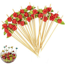(Red, 100pcs) 100 ks bambusových špízov na jedlo, ruža a kvetinový dizajn, na predjedlá a ovocie