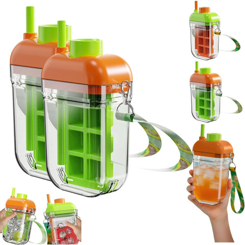 (Green*2, -) 2 in 1 Ice Cube Bottle with Straw, Tray, Reusable