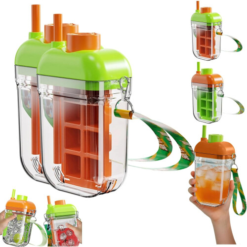 (Orange*2, -) 2 in 1 Ice Cube Bottle with Straw, Tray, Reusable