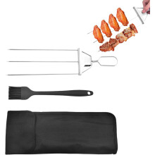(Black, -) 3-prong Edelstahl BBQ Spieße, 37,5 cm, mit Schieber & Silikonbürste (Schwarz)