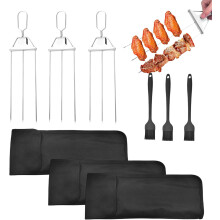 (Black*3, -) 3-prong Edelstahl BBQ Spieße, 37,5 cm, mit Schieber & Silikonbürste (Schwarz)