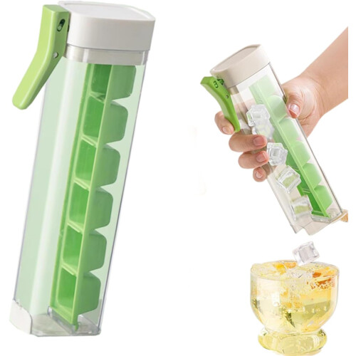 (Green, -) Ice Cube Tray with Handle, 6 Grid, One Hand Press, Mold