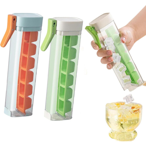 (Green+Orange, -) Ice Cube Tray with Handle, 6 Grid, One Hand Press, Mold