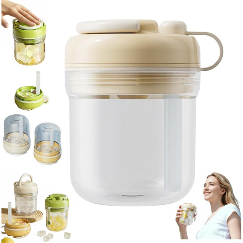 (Beige, -) 2 in 1 Silicone Ice Cube Bottle with Straw, Touch-Free