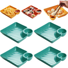 (Green, -) Lot 4 assiettes raviolis japonais, compartiment sauce, plastique