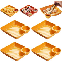 (Yellow, -) Lot 4 assiettes raviolis japonais, compartiment sauce, plastique