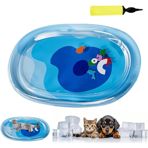 (Blue,Large, -) Thickened Ocean-Themed Cooling Water Mat for Pets, Floating Fish