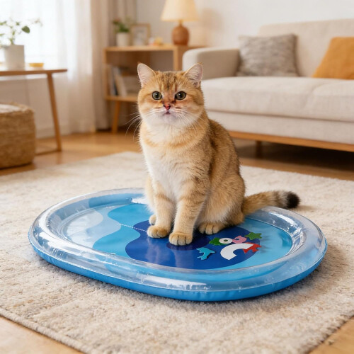 (Blue,Small, -) Thickened Ocean-Themed Cooling Water Mat for Pets, Floating Fish 1