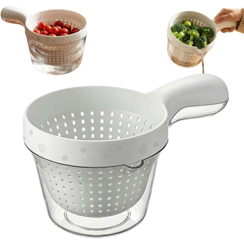 (White, 1pcs) Dual-Layer Kitchen Draining Basket with Handle, Colander Bowl