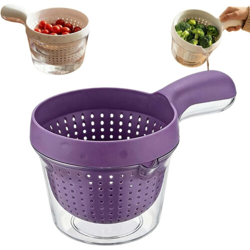 (Purple, 1pcs) Dual-Layer Kitchen Draining Basket with Handle, Colander Bowl