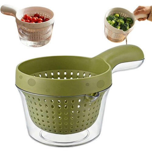 (Green, 1pcs) Dual-Layer Kitchen Draining Basket with Handle, Colander Bowl