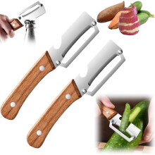 (Khaki, 2pcs) Multi-Functional Vegetable Peeler for Kitchen, Multi Functional Peelers with Wooden Handle and Bottle,Ultra-Sharp Stainl