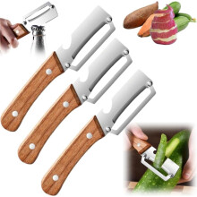 (Khaki, 3pcs) Éplucheur multifonction manche bois, ultra tranchant, inox