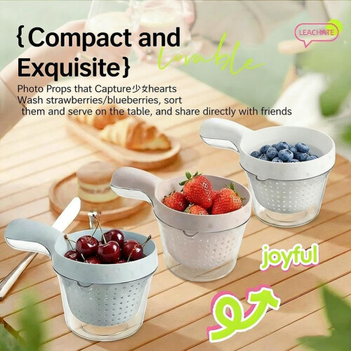 (Blue, 1pcs) Dual-Layer Kitchen Draining Basket with Handle, Colander Bowl 1