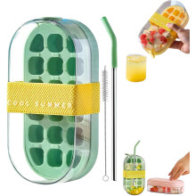(Green, One size) 2026 2 v 1 fľaša na ľadové kocky so slamkou, vstavaná forma, prenosná silikónová