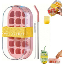 (Pink, One size) 2026 nieuw 2-in-1 ijsblokjes fles met rietje, beker met ingebouwd ijsbakje - voor sap en koffie, herbruikbaar siliconen, pers