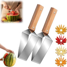(Silvery*2PCS, 1SET) Stainless Steel Watermelon Slicer, 2026 New Triangle Watermelon Cutter, Stainless Steel Watermelons Cutter with Wooden H