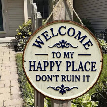 (White 40cm, 1pcs) "Welcome to My Happy Place" Tin Schild, rund, 40 cm, für Cafe & Bar