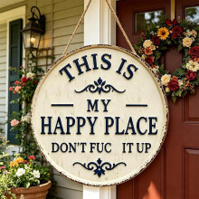 (White1 40 cm, 1pcs) "Welcome to My Happy Place" Tin Schild, rund, 40 cm, für Cafe & Bar
