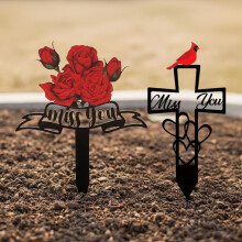 (Mixed 2PCS, free size) Metal Cemetery Memorial Plaque for Remembrance, Memorial Grave Markers with Cross, "Miss You" Script & Heart, Garden Out