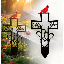 (Red Bird, free size) Metal Cemetery Memorial Plaque for Remembrance, Memorial Grave Markers with Cross, "Miss You" Script & Heart, Garden Out