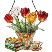(Multicolor 20cm a, Small) Buntglas-Fensterhänger, nostalgisch, Tulpen, Bücher, Tee, bunt, für Pflanzenliebhaber, Geschenk