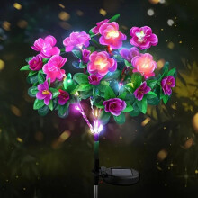 (Purple, warm light) Memorial Garden Bloom Lights – Solar-Powered Artificial Petals, Azalea LED for Cemetery
