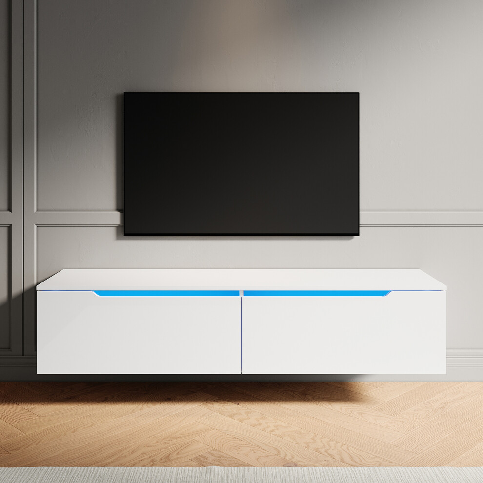 Elegant (High Gloss White, 140Cm) High Gloss Tv Stand Cabinet With Led Lights