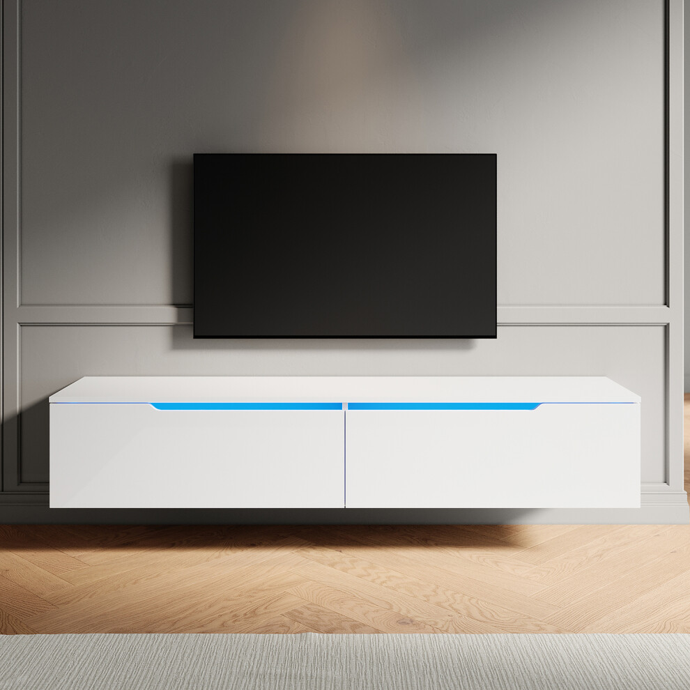 Elegant (High Gloss White, 160Cm) High Gloss Tv Stand Cabinet With Led Lights