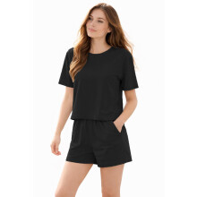 (X-Large, Black) Women Pajama Shorts Set Short Sleeve Nightwear