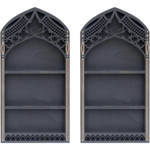 (French Frame, 2pcs) Gothic Window Crystal Shelf Display – Wall Mounted Miniature Case for Witch Decor