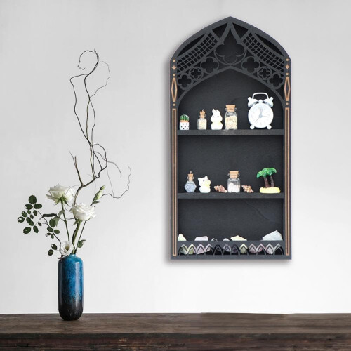 (French Frame, 1pcs) Gothic Window Crystal Shelf Display – Wall Mounted Miniature Case for Witch Decor 1