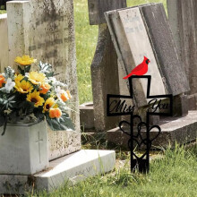 (Red Bird, 1pcs) Cemetery Memorial Grave Metal Stake – Rose Garden Tomb Plaque, Double Sided