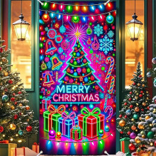 (Color B, 1pcs) Vrolijk kerstmis voordeurhoes, fluorescerende cartoon, polyester, voor feest, B kleur