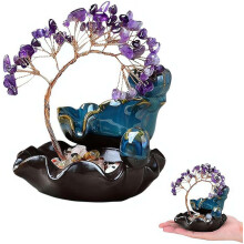 (Purple, 1pcs) Ceramic Crystal Tree Waterfall Backflow Incense Burner, Incense Holder for Home