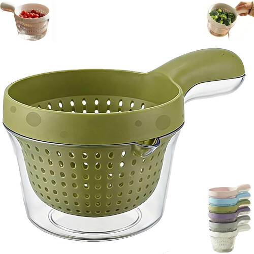 (Green, 1pcs) Dual Layer Fruit Draining Basket, Ergonomic Handle, Removable Colander