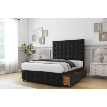 Sloomy Berlin Black Plush Divan Bed Base 2 Drawers Left Side With 54" Floor Standing Headboard & 12" Matching Footboard 6' Super King