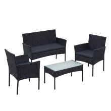 (Black and Grey) Patio Conversation Set, 4-Piece Rattan Lounge Furniture with Table and Chairs, for Balcony or Garden, Black and Grey