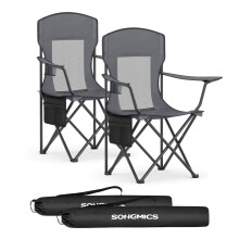 (Grey) Foldable Camping Chairs Set of 2, with High Back, Adjustable Armrests, Drink Holder