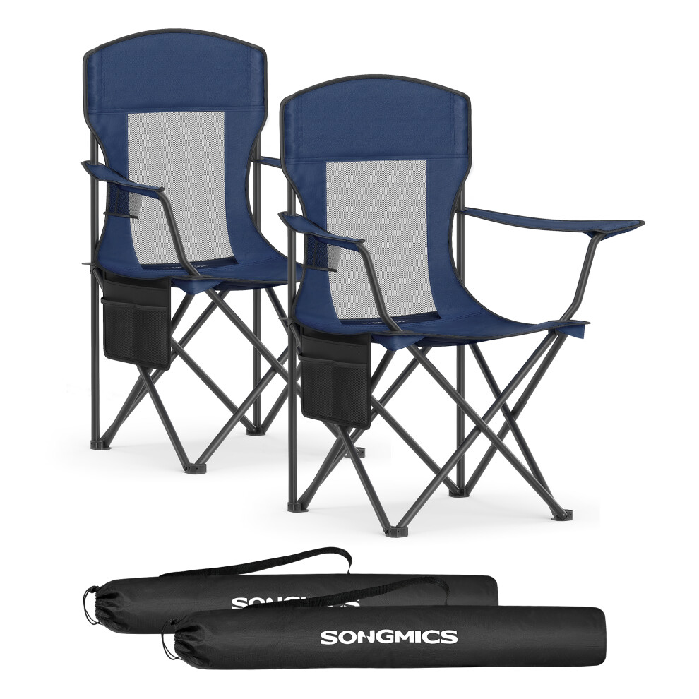 Songmics (Blue) Foldable Camping Chairs Set Of 2, With High Back, Adjustable Armrests, Drink Holder Blue