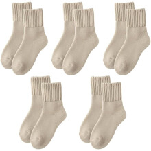 (Beige, color_name) Women's Solid Mid-calf Socks – 5 Pairs Fall Cozy Fuzzy Warm Crew Socks