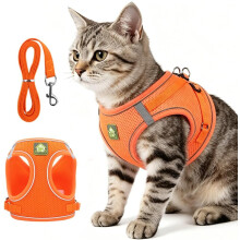 (Orange, S) Kattsele och koppel – rymningssäker justerbar väst med reflekterande remsa