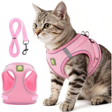(Pink, XS) Kattsele och koppel – rymningssäker justerbar väst med reflekterande remsa