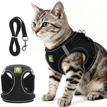 (Black, S) Kattsele och koppel – rymningssäker justerbar väst med reflekterande remsa