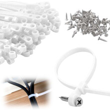 (White Ties + M4 Screws, -) 100 sztuk samoblokujących trytytek, 20 cm, z otworem na śrubę