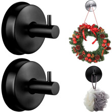 (2Pcs Black, -) No Drill Suction Cup Wreath Hanger Hooks for Glass Doors