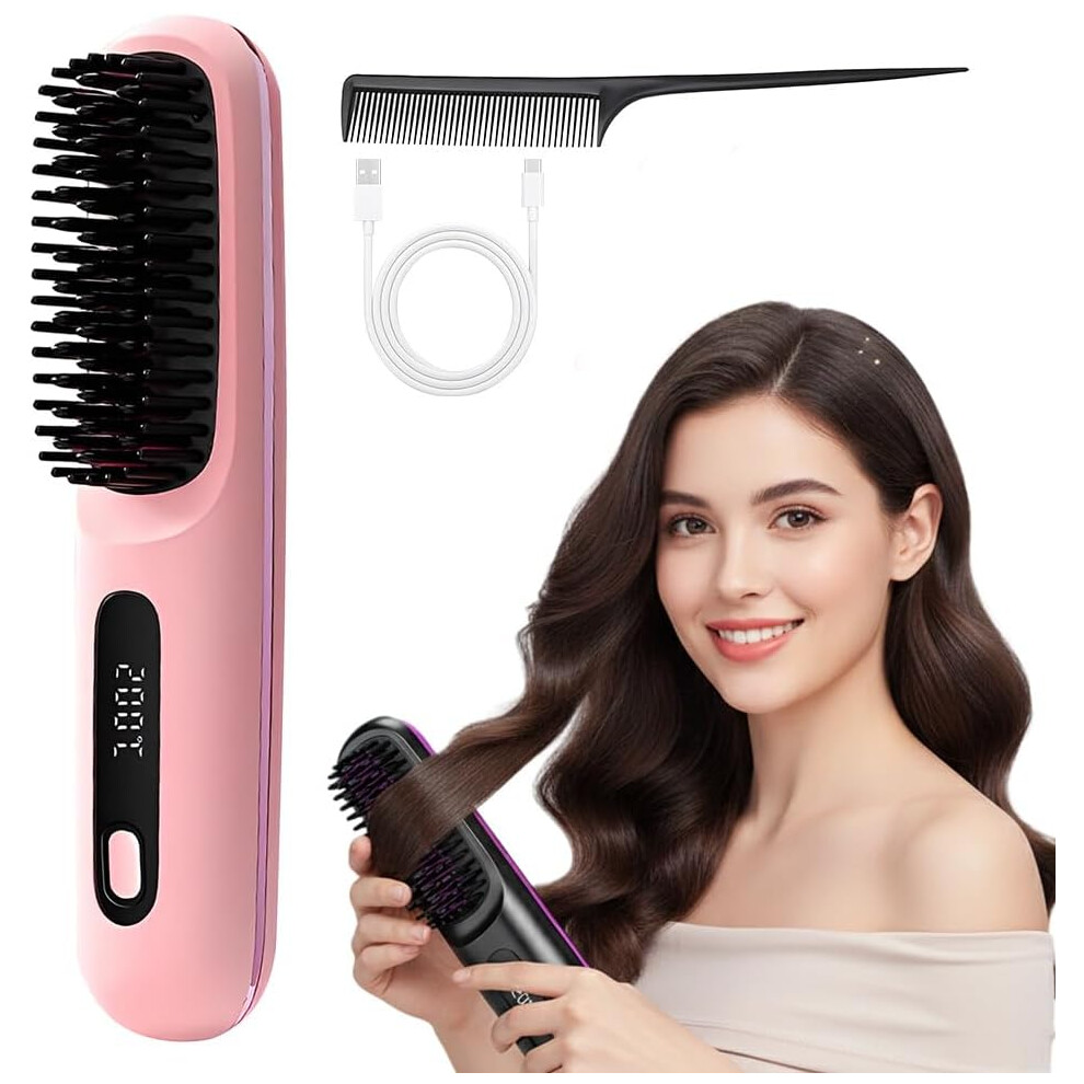 Oimg Pink (, -) Go Brush For Short Hair Â Cordless Hair Straightener Brush With 3 Temperatures