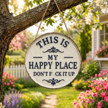 (size_name, 8 * 8in) 1er-Metallschild, rund, 12x12 Zoll, "Happy Place", für Zuhause, Bar