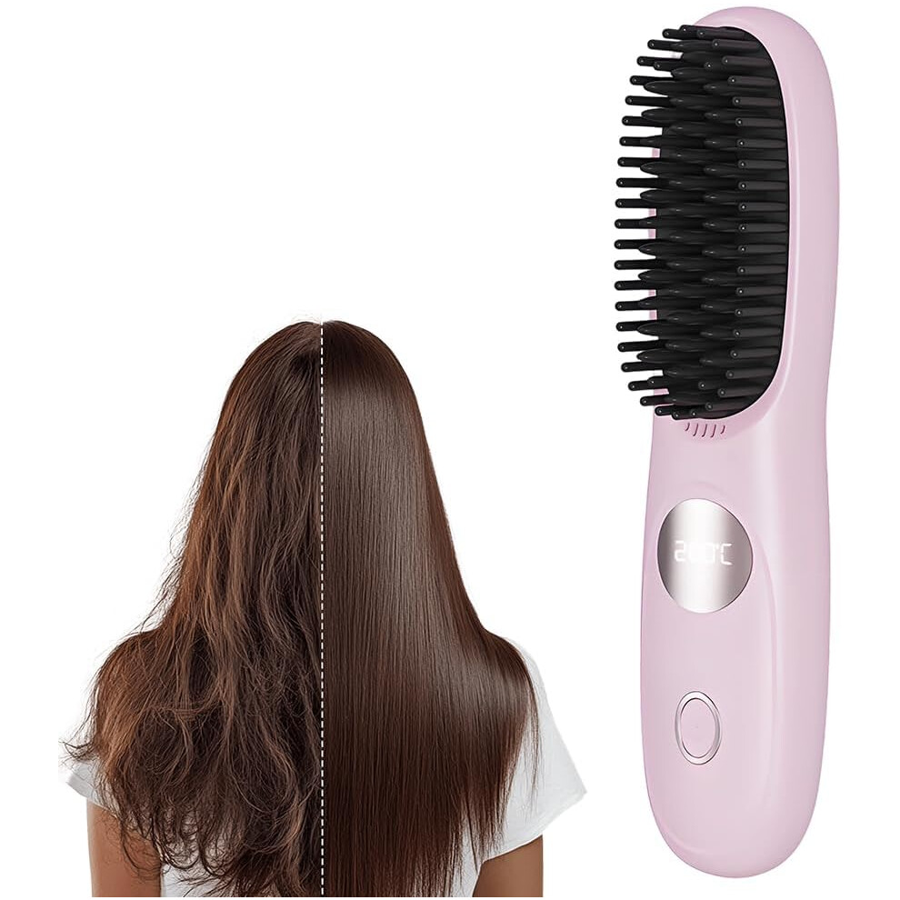 Oimg Pink (, -) Cordless Hair Straightener Brush Â Portable Mini With 3 Temperatures